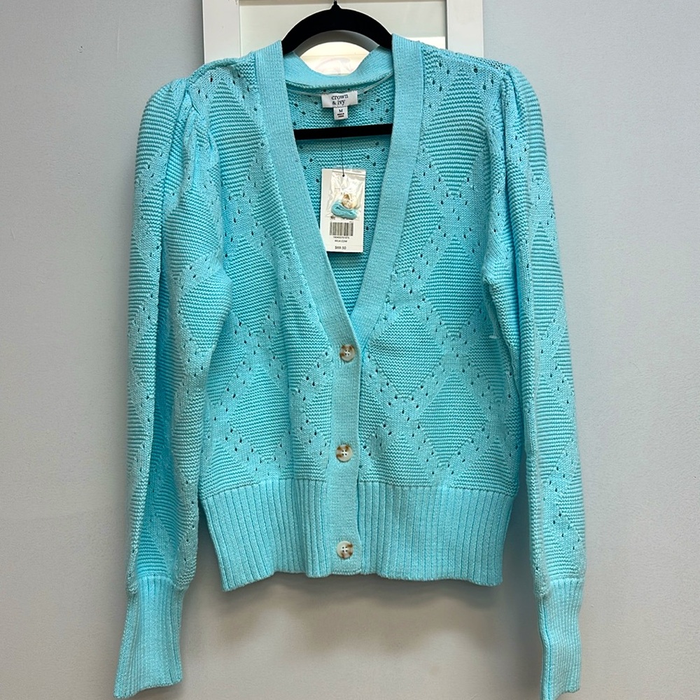 Crown and Ivy Aqua Scoop button down sweater - Picture 3 of 6